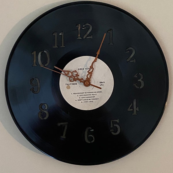 Vinyl Record Clock with Engraved face, Made from recycled LP records, Battery powered wall clock