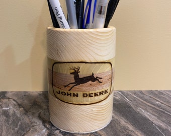 Rustic John Deere Inspired Wooden Desk Organizer - Handcrafted Pen and Pencil Holder