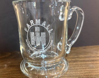 Vintage Farmall Glass Mug - Custom Engraved Coffee Cup, 15 oz