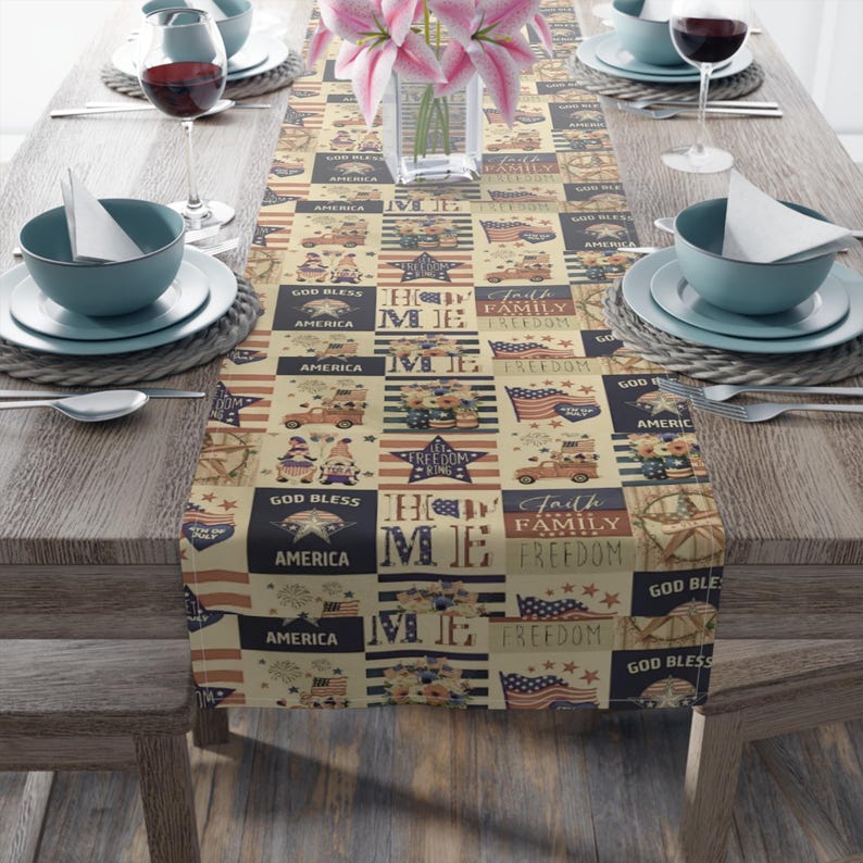 Patriotic Patchwork Pattern Table Runner | Americana Stars Stripes image 1
