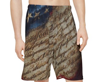 Shorts esportivos com a bandeira americana e a inscrição da Declaração da Independência | Roupa esportiva patriótica