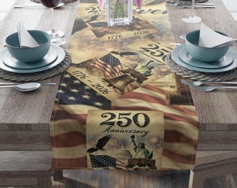 Patriotic 250th Anniversary Collage Table Runner | Vintage American Flag Decor