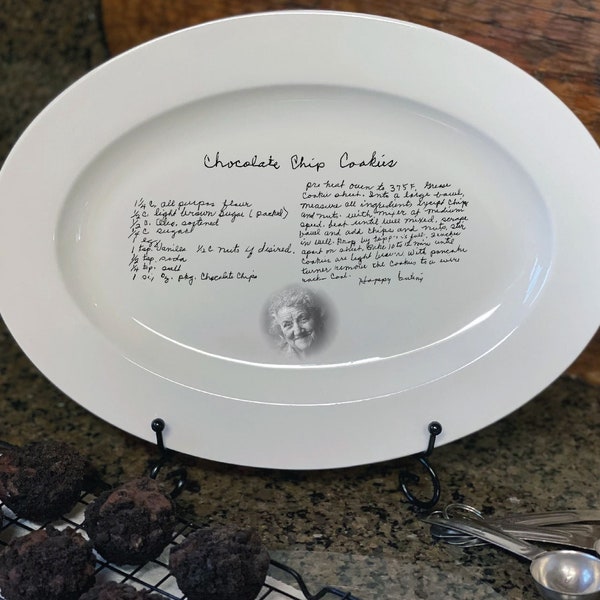 Large ceramic oval recipe platter with black and white photo
