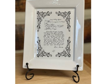 May include: White ceramic serving tray with a black and white design featuring a handwritten recipe for "Easy Baking Powder" with the text "Love, Urane".