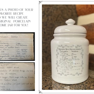 Your recipe on Large ceramic cookie jar with handwriting only or note or drawing, custom cookie jar, kitchen gift, perfect wedding gift