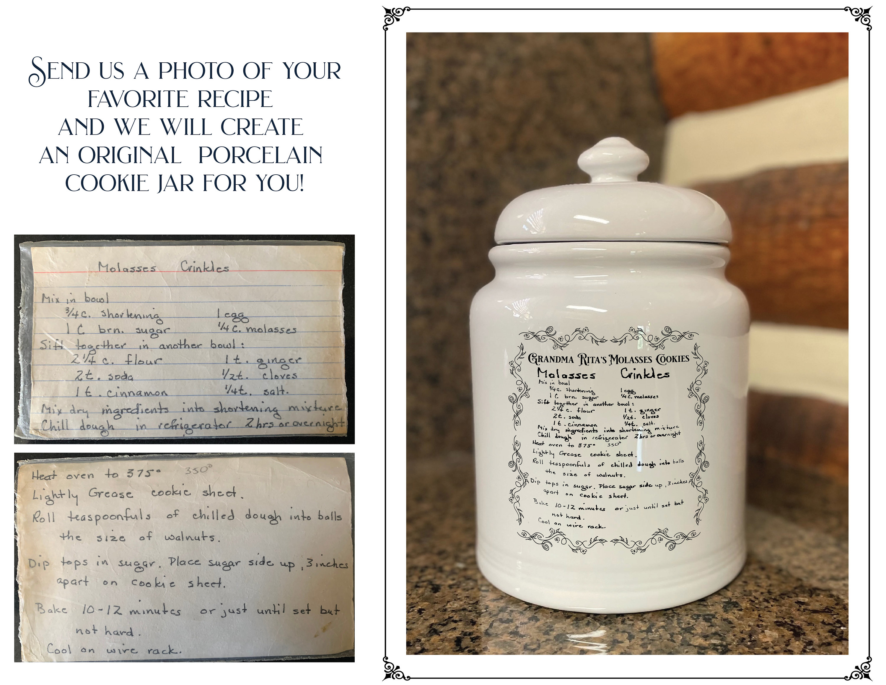 Your recipe on Large ceramic cookie jar with handwriting only or note or drawing, custom cookie jar, kitchen gift, perfect wedding gift
