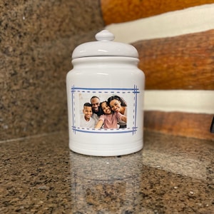 Custom Photo Ceramic Cookie Jar with family photo and frame.