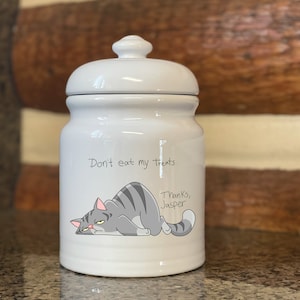 Custom cat treat jar or dry cat food container with a cartoon kitty and your personal message
