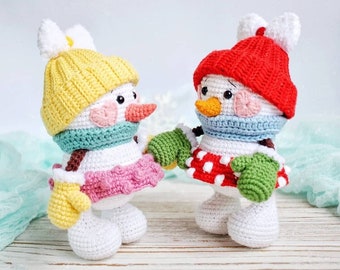 Snowman crochet PATTERN. Sweet Snowgirl pattern with clothes - hat, snood and mittens. Snowman girl in pink skirt. US English Digital PDF