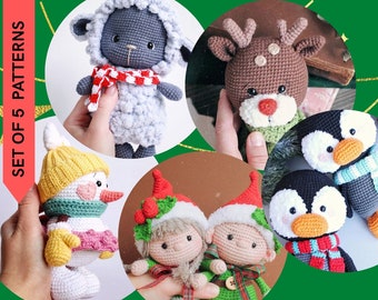 Set of 5 Christmas crochet patterns: snowgirl, deer, sheep, penguin, gnome. Amigurumi animals toy. US English Digital PDF