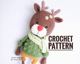 Amigurumi Crochet Deer Pattern ONLY. Reindeer toy in a green sweater. Santa's helper. US English Digital PDF