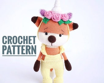 Crochet PATTERN fox toy 7.5 inches. Foxie wearing a roses and magical unicorn horn headband. US English Digital PDF