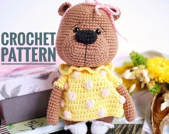 Crochet bear in dress PATTERN Digital pdf. Amigurumi Brown girl bear toy 5.9 inches