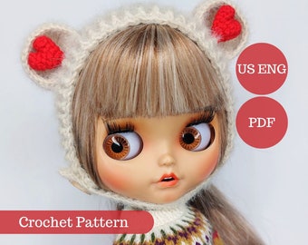 Crochet bear hat PATTERN for Blythe doll. Hat with hearts for Blythe