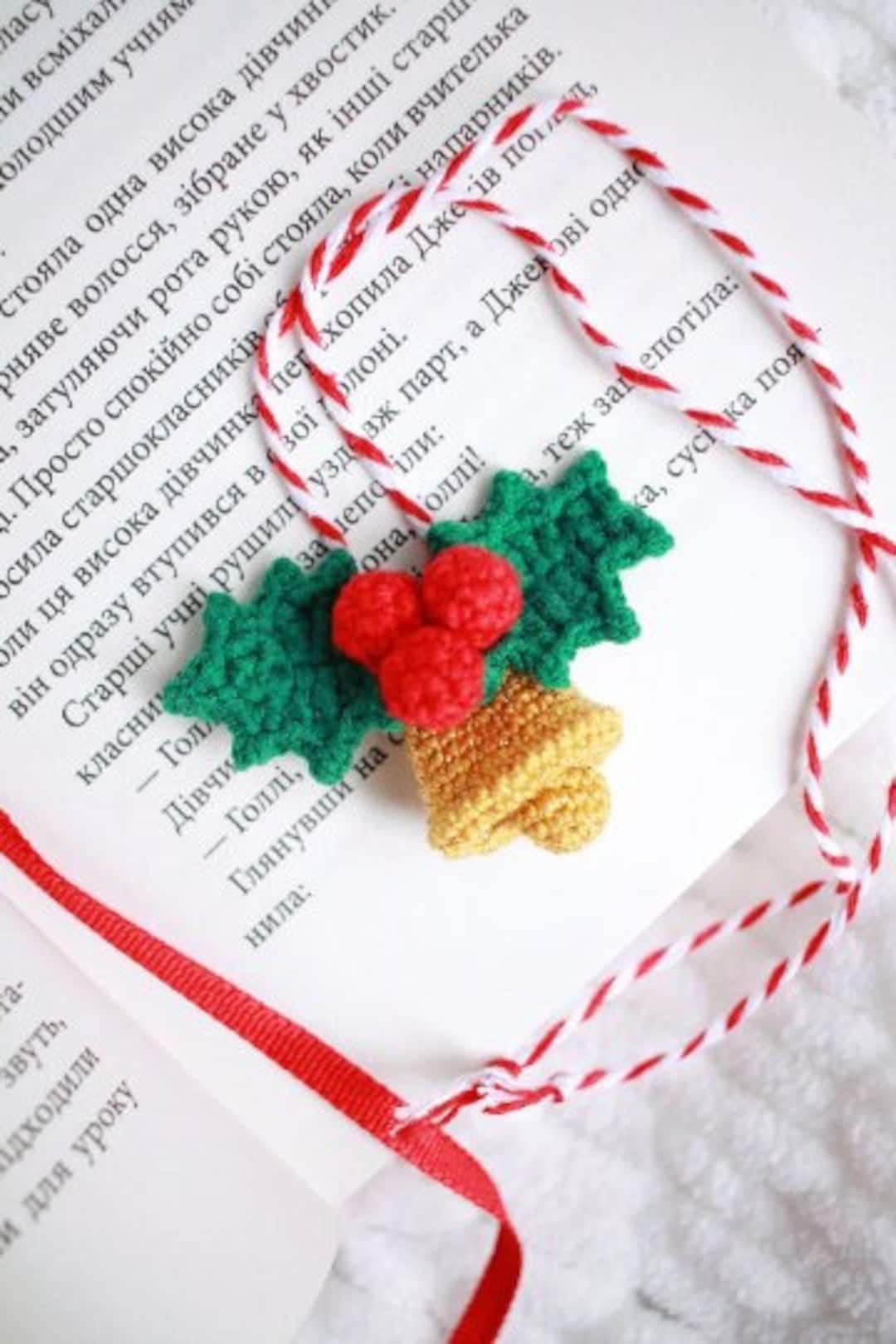 Mini Christmas Bell With Holly Berries Crochet PATTERN. Christmas Tree Decoration Small Golden