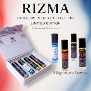 May include: A white box set of RIZMA fragrances, featuring four signature scents. The box is open, revealing four roll-on bottles. Additional bottles stand upright. The text reads "EXCLUSIVE MEN'S COLLECTION" and "LIMITED EDITION".