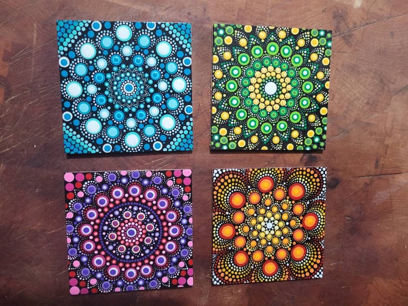 Hand painted coasters set of 4 mandala design dot painting Etsy