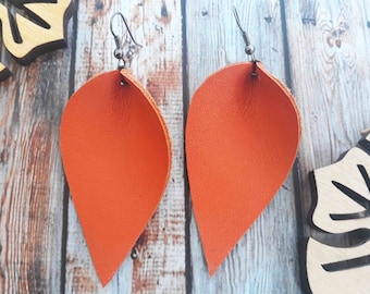 Coral Orange Earrings Leather Leaf Earrings Dangle earrings Cute Earrings leaf Orange leaf earrings Orange Leaves Boho mother's day gift