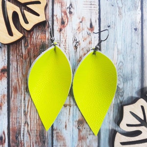 Neon Lemon Leaf Earrings Acid Yellow Leather Leaf Earrings Summer Leather Earrings Yellow Dangle Earrings Summer earring Neon Leather Petals image 1