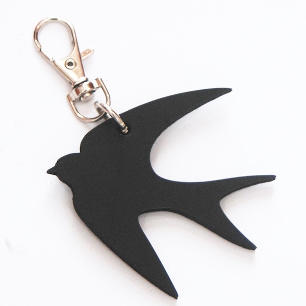 Swallow bird keychain black leather bag accessory gift for dreamer black bird charm, black swallow cute flying bird romantic gott bird