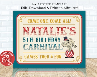 May include: A vintage-style circus poster template for a 5th birthday party. The poster is red, white, blue, and yellow with the text "Come One, Come All! Natalie's 5th Birthday Carnival Games, Food & Fun". An illustration of an elephant balancing a red and white ball is in the lower right corner.
