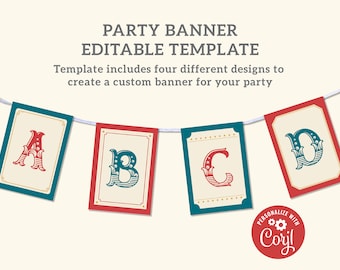 Banner de fiesta de circo vintage personalizable - Decoración de fiesta de carnaval, plantilla Corjl 5x7, descarga digital, #021