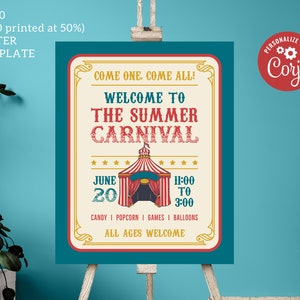 Bearbeitbares Sommerkarnevalsparty-Schild - Vintage Zirkus-Themaplakat, 16x20 Corjl-Vorlage, digitaler Download, #021