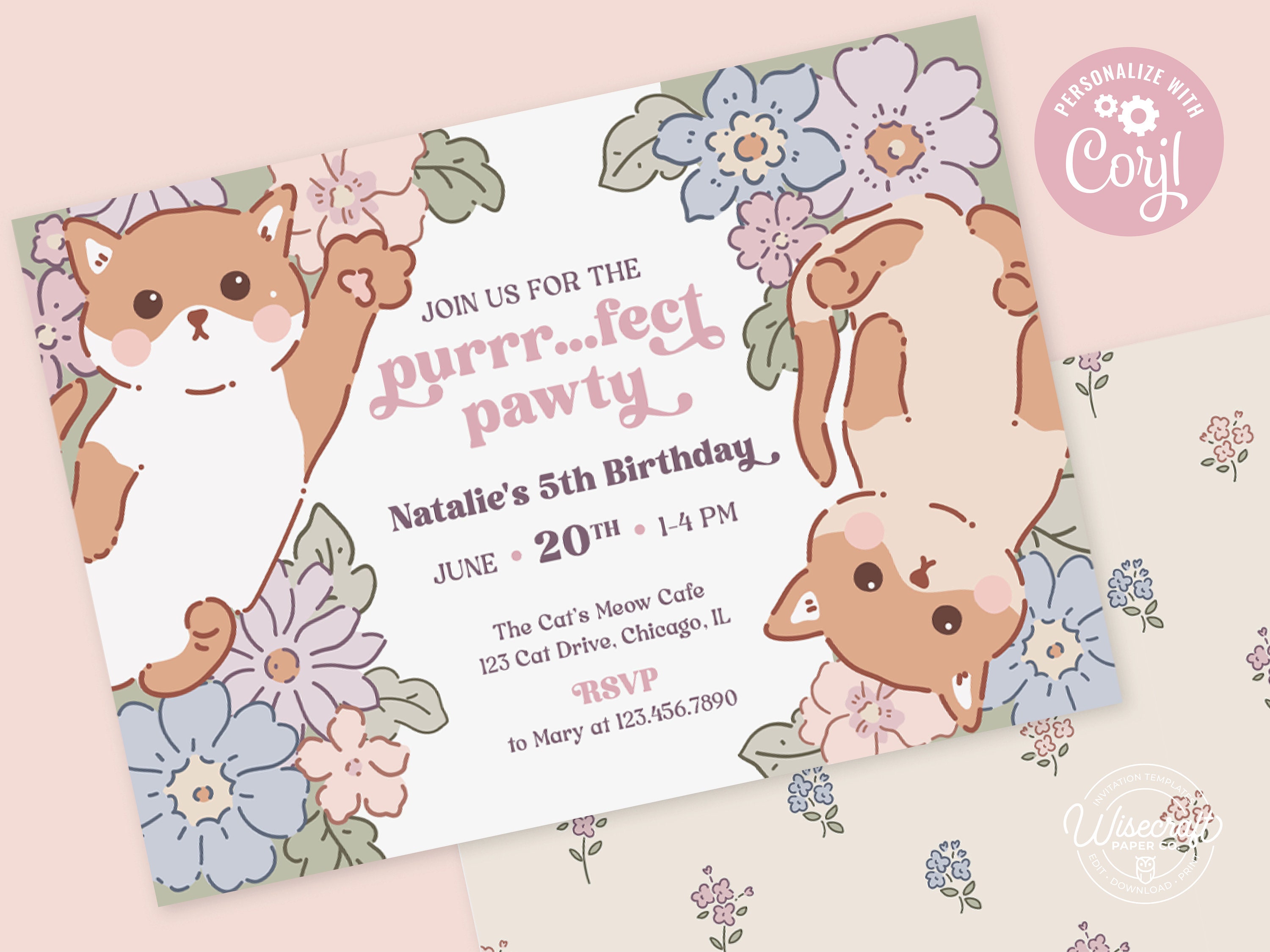 Editable Kitten Birthday Invite - Cute Pastel Floral, 7x5 Corjl ...