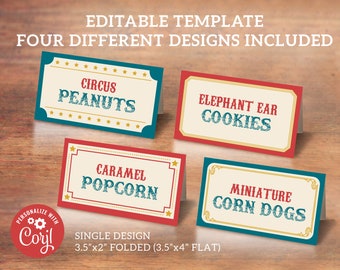 Customizable Vintage Circus Place Cards - Carnival Party Decor, 3.5x2 Corjl Template, Digital Download, #021