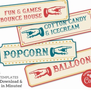 Customizable Vintage Circus Directional Signs - Carnival Party Decor, 16x4.5 Corjl Template, Digital Download, #021