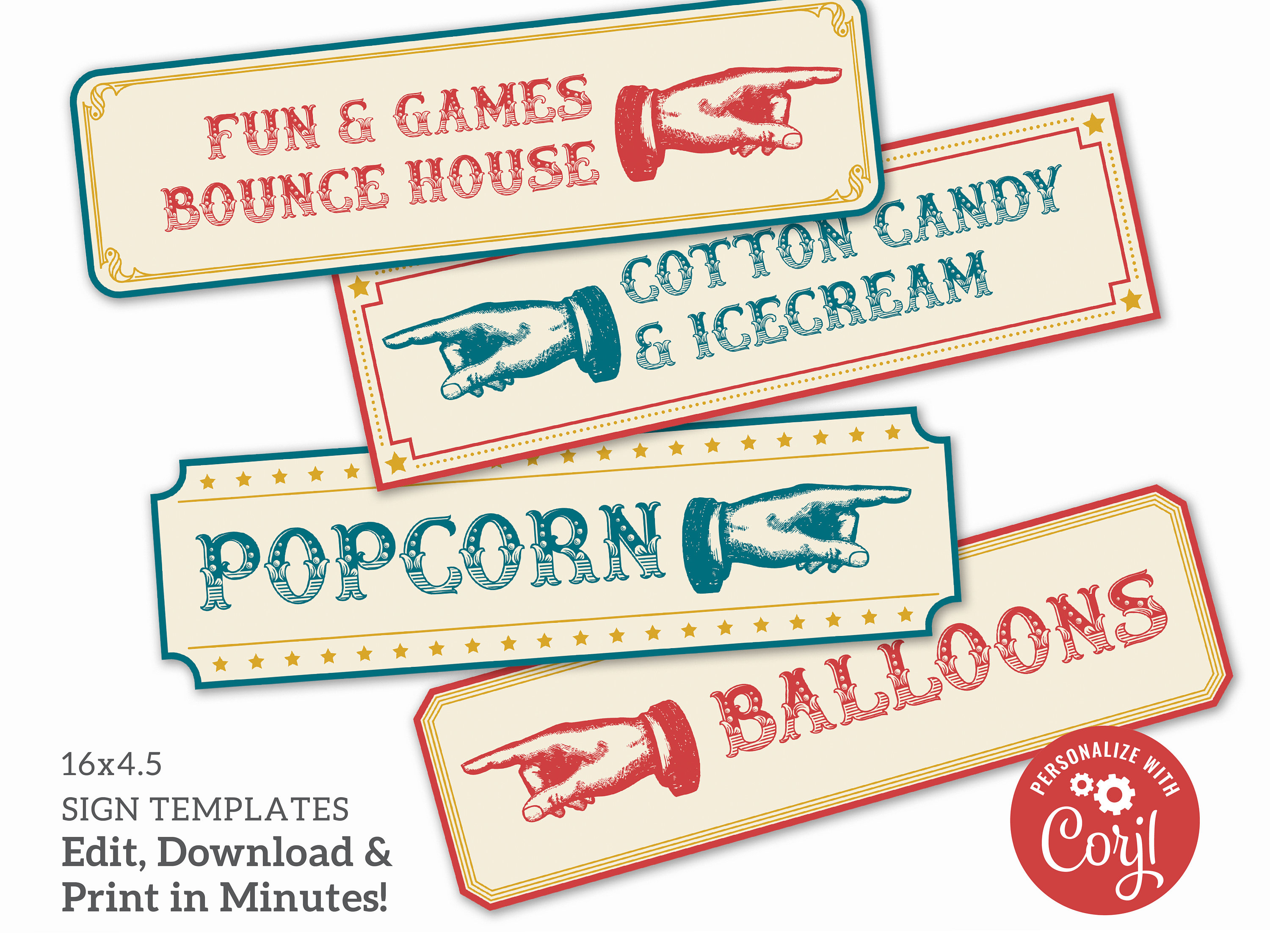 Customizable Vintage Circus Directional Signs - Carnival Party Decor, 16x4.5 Corjl Template, Digital Download, #021