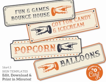 May include: Four printable sign templates for a carnival or fair. Each sign features a pointing hand graphic and text in a vintage style font. The signs read "Fun & Games Bounce House", "Cotton Candy & Ice Cream", "Popcorn", and "Balloons".