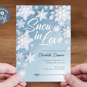 Editable Snowflake Bridal Shower Invite – Snow in Love Theme, 5x7 Corjl Template, Digital Download, #025