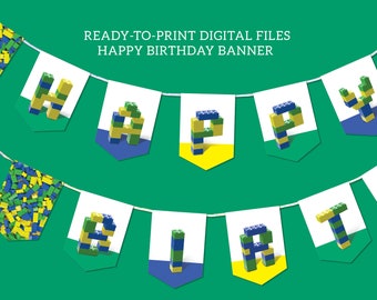 May include: A printable happy birthday banner with the word "HAPPY BIRTHDAY" spelled out in colorful blocks. Each letter is made up of small, colorful blocks, creating a fun and playful design.