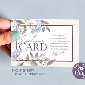 Editable In Bloom Bridal Shower Enclosure Card - Elegant Blue Hydrangea Theme, 5x3.5 Corjl Template, Digital Download, #020