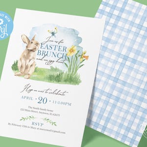 May include: An invitation to an Easter brunch with an egg hunt. The invitation features a watercolor illustration of a bunny rabbit, daffodils, and a butterfly. The text reads "Join us for Easter Brunch and an egg hunt. Hop on over to celebrate. April 20, 11:30-3:00 PM. The Smith family home, 123 Main Street, Anytown, IL 62675. RSVP by February 15th to Mary at maryemail@gmail.com."