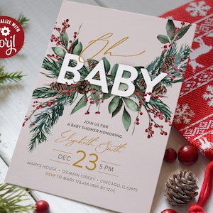Christmas Baby Shower Invitation: Evergreen & Berry Corjl Template (Digital Download) #026