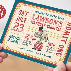 Editable Vintage Carnival Ticket Invitation - Circus Theme Birthday, 7x5 Corjl Template, Digital Download, #021