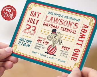 Könnte beinhalten: Eine Einladung im Vintage-Stil für Lawsons Geburtstagskarneval. Das Ticket ist rot, weiß und blau mit goldenen Akzenten. Es zeigt eine Illustration eines Elefanten, der einen Ball balanciert. Der Text lautet "Sa 23. Juli, Lawsons Geburtstagskarneval, Einlass ab 14:00 Uhr, Unter dem großen Zelt, Der Stadtpark, 12345 Main Street, Lombard, IL, RSVP bis zum 8. Juli an Elizabeth unter 222-123-456, Süßigkeiten, Popcorn, Spiele, Ballons, Eintritt".