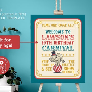 Enseigne de fête d'anniversaire cirque modifiable - thème carnaval vintage, modèle Corjl 16 x 20, téléchargement numérique, #021
