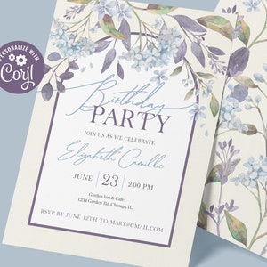 Invitation de fête d'anniversaire florale modifiable - élégant thème hortensia bleu, modèle Corjl 5 x 7, téléchargement numérique, #020