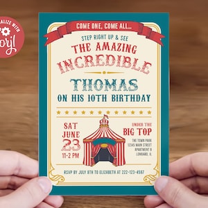Editable Vintage Carnival Invitation - Circus Theme Birthday, 5x7 Corjl Template, Digital Download, #021