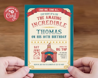 Invitación de carnaval vintage editable - Cumpleaños temático de circo, plantilla Corjl 5x7, descarga digital, #021