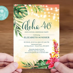 Plantilla de invitación de cumpleaños tropical Aloha - Invitación a fiesta Luau personalizable 5x7, plantilla Corjl, descarga digital, #009