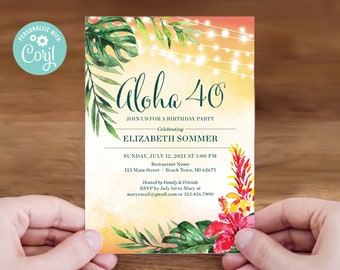 Aloha, 30, 40, 50, 65, etc. Modèle d’invitation modifiable de fête d’anniversaire, téléchargement numérique, #009