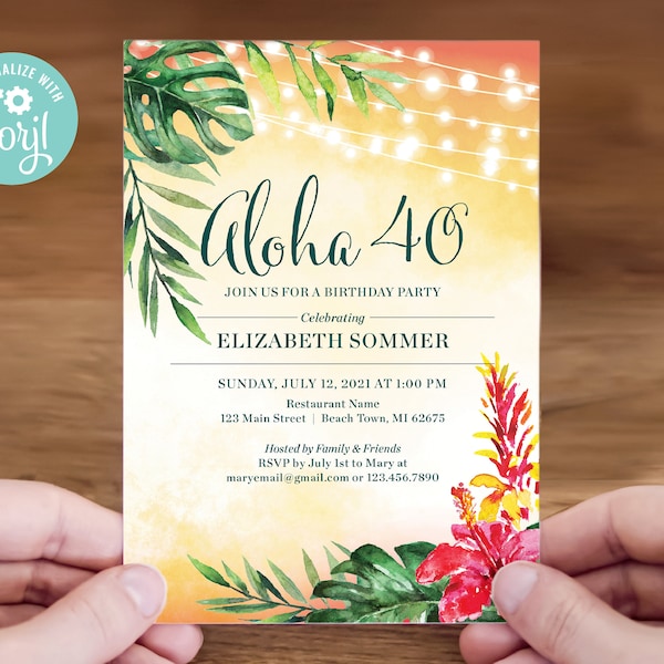 Aloha, 30, 40, 50, 65, Etc. Birthday Party Editable Invitation Template, Digital Download, #009