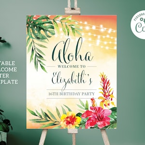 Cartello di benvenuto personalizzabile Aloha Luau 16x20 – Modello Corjl modificabile, Download digitale, #009