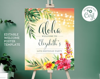 Signo de bienvenida personalizable de Aloha Luau 16x20 – Plantilla Corjl editable, Descarga digital, #009
