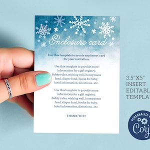 Insertion d'invitation de douche à thème flocon de neige modifiable, modèle de carte Corjl 3,5 x 5 po, téléchargement numérique, #002