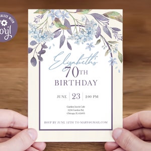Invitation de fête d'anniversaire florale modifiable - élégant thème hortensia bleu, modèle Corjl 5 x 7, téléchargement numérique, #020